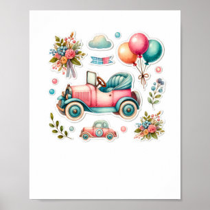 Affiche Voiture vintage aquarelle avec ballons et fleurs S