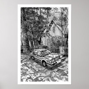 Affiche Voitures Berline Vintage Encre Esquisse Noir et Bl