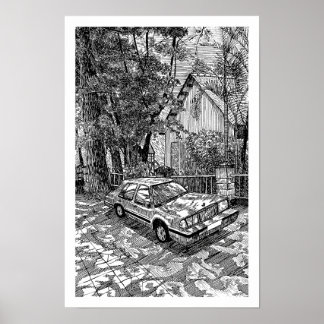 Affiche Voitures Berline Vintage Encre Esquisse Noir et Bl