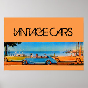 AFFICHE VOITURES JAUNES BLEUES VINTAGE SUR LA ROUTE DE LA