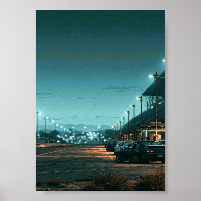 Affiche Voitures JDM Rétro en Pixel Art Garées Sous des Lu (Devant)