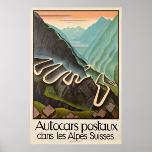 Affiche Voitures postales dans les Alpes suisses Voyage vi