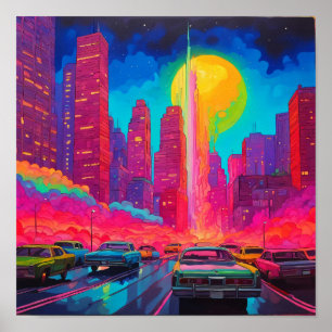 Affiche Voitures Psychédéliques Pink Blue City