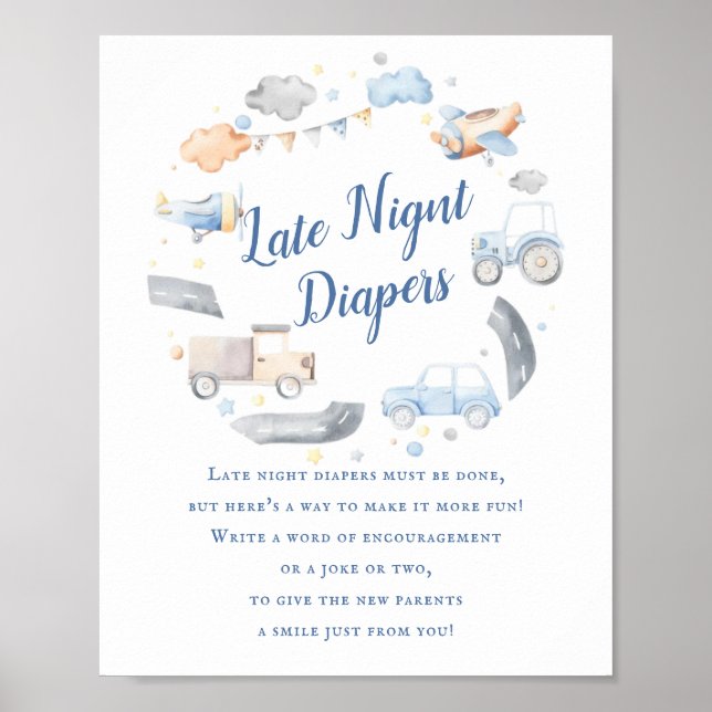 Affiche Voitures Transport Nuit En Diaper Bébé Shower (Devant)