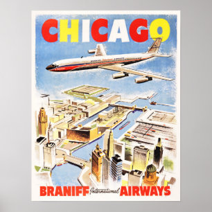 Affiche Vol CHICAGO ILLINOIS USA Retro Airlines Travel