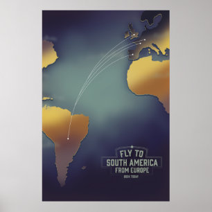 Affiche Voler vers l'Amérique du Sud depuis l'Europe carte