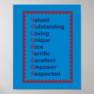 Affiche Volontaire Coeurs de typographie bleue et rouge