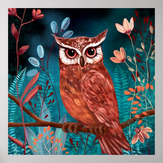 Affiche Vom Künstler handillustrierte Eule – Boho Natur (Devant)