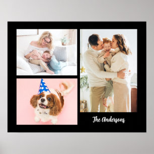 Affiche Vos 3 photos de famille & nom sur fond noir