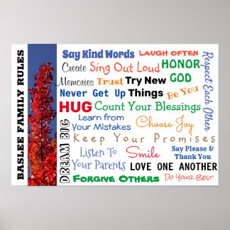 Affiche VOTRE FAMILLE NOM RÈGLES FAMILIALES Art Sign