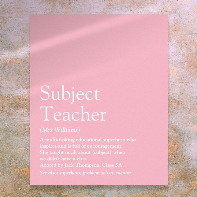 Affiche Votre meilleur enseignant jamais définition Fille  (Your Best Teacher Ever Definition Girly Pink Poster)