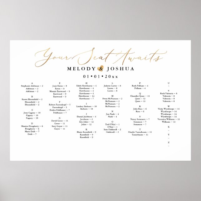 Affiche Votre Siège Attend, CARTE DE SIÈGE, ALPHABÉTIQUE (Devant)