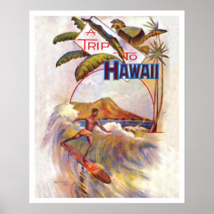 Affiche Voyage à Hawaii, surf sur une grande vague, vintag