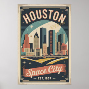 Affiche Voyage à Houston Texas Space City Rétro