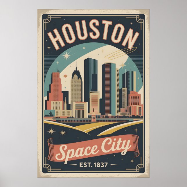 Affiche Voyage à Houston Texas Space City Rétro (Devant)