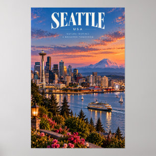 Affiche Voyage à Seattle USA Space Needle et Mont Rainier