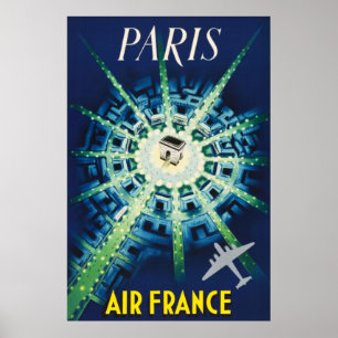 Affiche Voyage aérien français vintage bleu Paris Europe