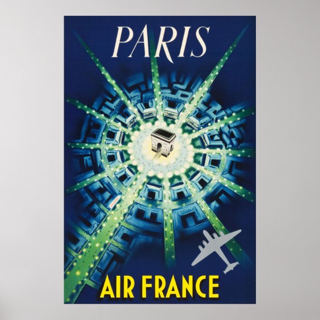 Affiche Voyage aérien français vintage bleu Paris Europe (Devant)