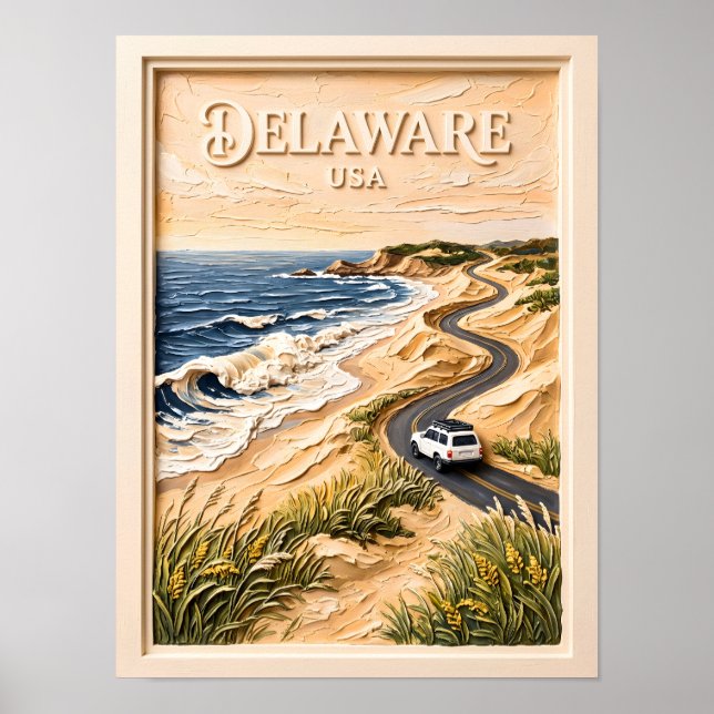 Affiche Voyage au Delaware Texturé sur Route Côtière Rétro (Devant)