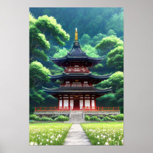 Affiche Voyage au temple japonais en bois