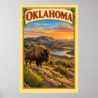 Affiche Voyage Bison des Montagnes Wichita Oklahoma Vintag