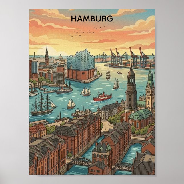 Affiche Voyage Classique Vintage Hambourg Allemagne  (Devant)
