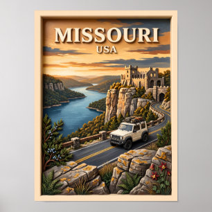 Affiche Voyage dans le Missouri Lac Ozarks Château SUV Vin