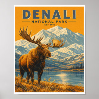 Affiche Voyage dans le Parc National Denali Vintage