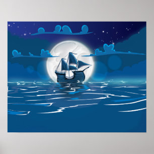 Affiche Voyage de bateau à voile en bois au clair de lune