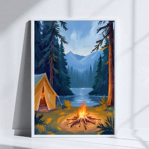 Affiche Voyage de camping Feu de camp de forêt Tente Aquar