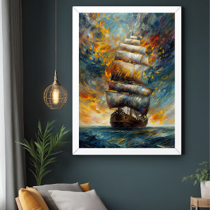 Affiche Voyage de feu - Bateau à voile dramatique à Sunset