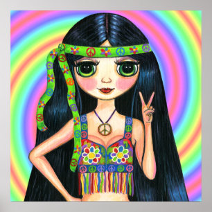 Affiche Voyage de paix fille Hippie clignotant signe de pa