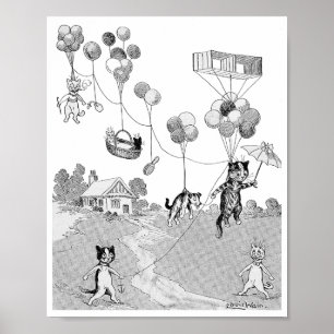 Affiche Voyage en ballon de chat, Louis Wain