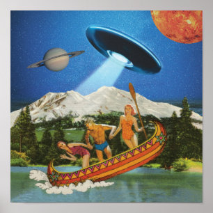 Affiche Voyage en canoë UFO Montagnes Collage surréaliste