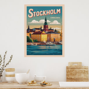 Affiche voyage en suède à stockholm cadeaux vintages au bo