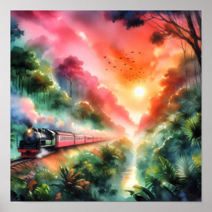 Affiche Voyage en train au coucher de soleil tropical aqua