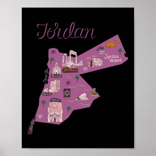 Affiche Voyage Jordanie Carte Amman Pétra Mer Morte Famill