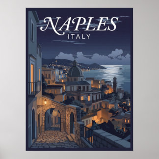 Affiche Voyage nocturne à Naples Italie vintage