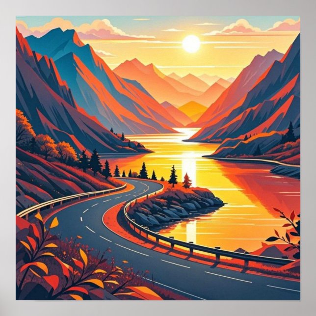 Affiche Voyage pittoresque sur route sinueuse, couchers de (Devant)