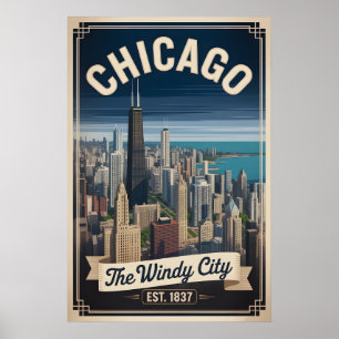 Affiche Voyage rétro à Chicago Illinois, la ville venteuse