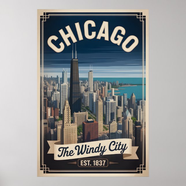 Affiche Voyage rétro à Chicago Illinois, la ville venteuse (Devant)
