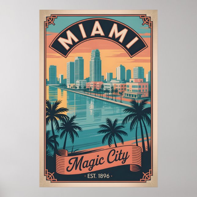 Affiche Voyage rétro à Miami Floride Magic City (Devant)