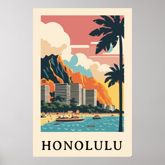 Affiche Voyage rétro Honolulu (Devant)