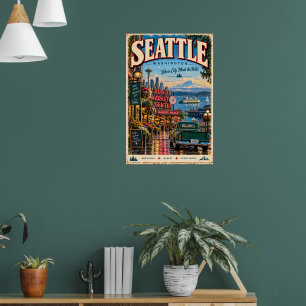 Affiche Voyage rétro Seattle Washington Nord-Ouest Pacifiq