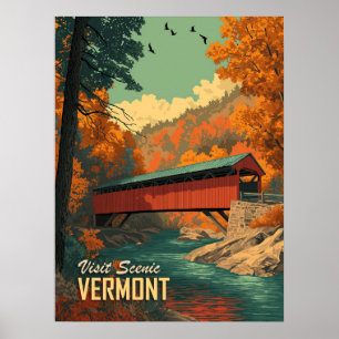 Affiche Voyage sur le pont couvert vintage du Vermont