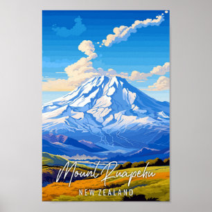 Affiche Voyage vintage du mont Ruapehu Nouvelle-Zélande