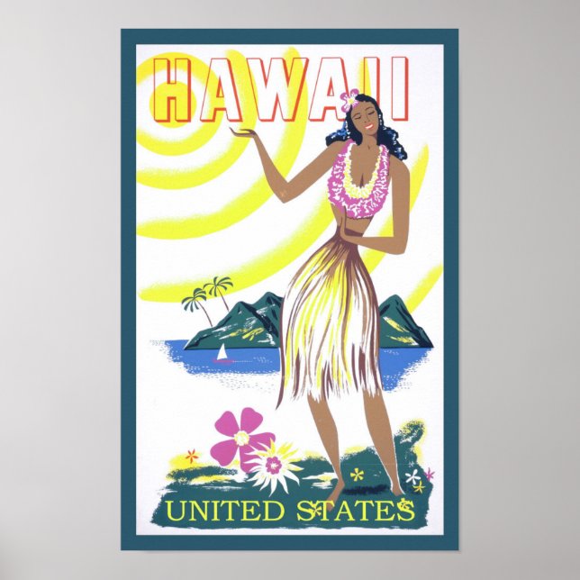 Affiche Voyage Vintage Hawaï Dame Hawaïenne (Devant)