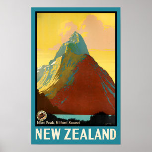 Affiche Voyage vintage Miter Peak Nouvelle-Zélande