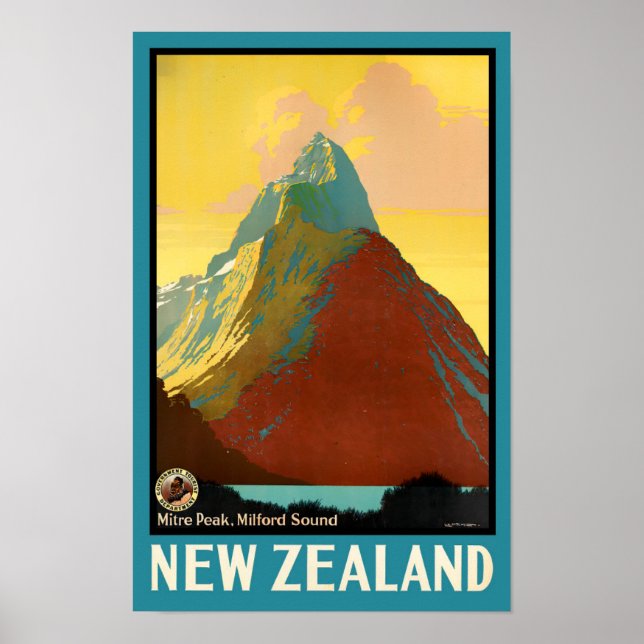 Affiche Voyage vintage Miter Peak Nouvelle-Zélande (Devant)