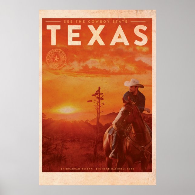 Affiche Voyage vintage Texas Cowboy (Devant)